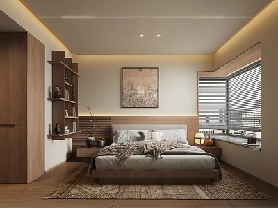 Modern Bedroom Interior Design With Bed Nightstands Blinds Wall Art And Area Rug 3d model