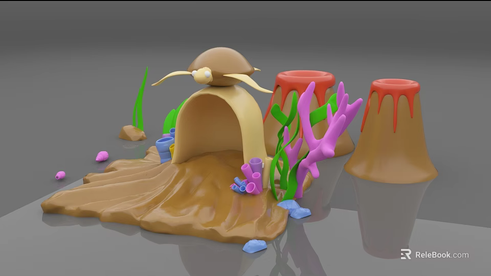 Colorful Underwater Themed Decorative Ornament Set With Shell Arch Seaweed Volcano Shapes And Sandy Base 3d model