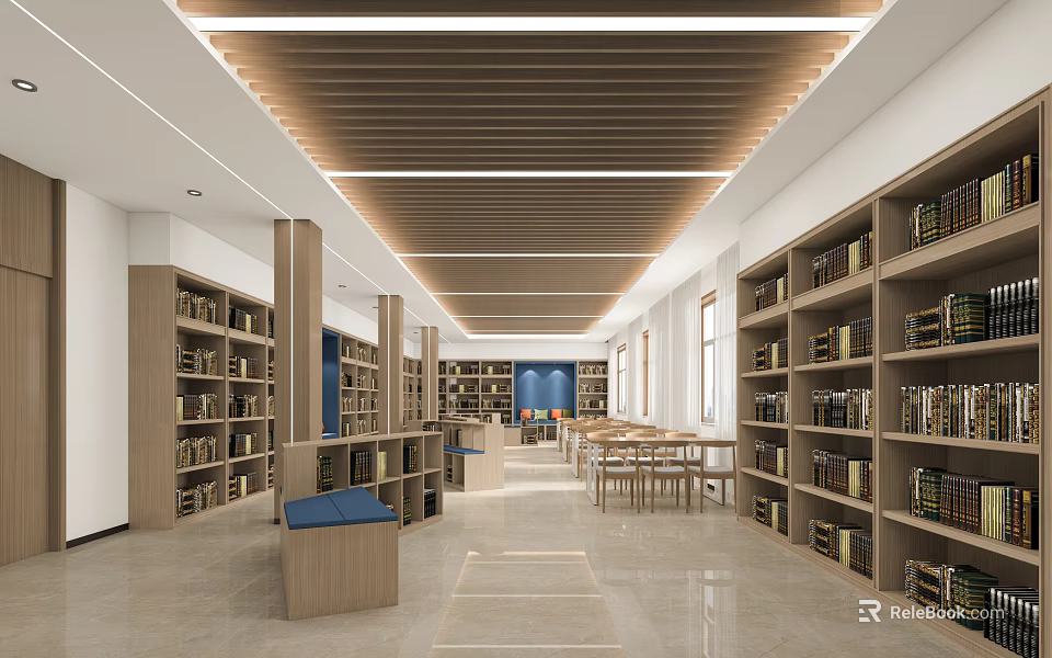 Artistic Book Art Library Interior Design With Wooden Bookshelves Tables Chairs And Warm Lighting 3d model 