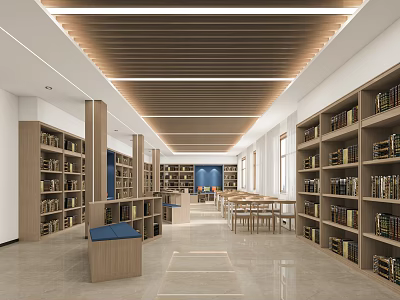 Artistic Book Art Library Interior Design With Wooden Bookshelves Tables Chairs And Warm Lighting 3d model