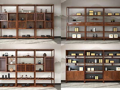 Traditional Chinese Wooden Display Shelves With Tiered Design And Decorative Antique Items 3d model