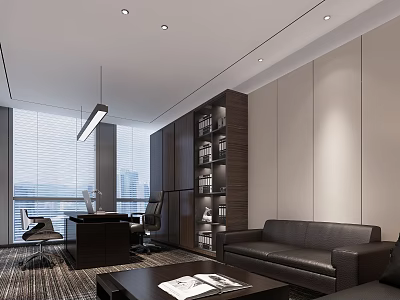 Modern Office Interior With Desk Chair Sofa Bookshelf Pendant Light And Large Window 3d model