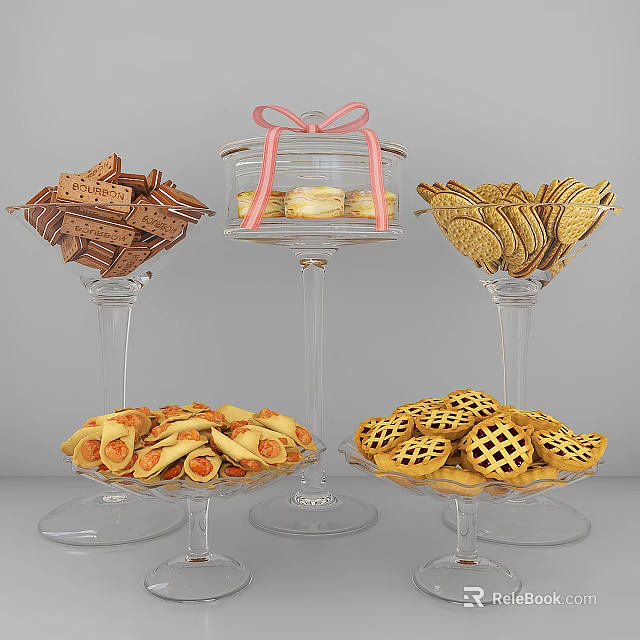 Assorted Cookies And Pastries On Glass Pedestal Trays With Pink Bow Decoration 3d model 