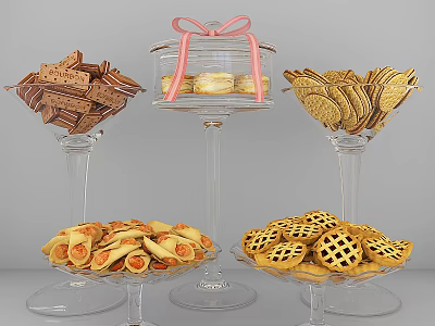 Assorted Cookies And Pastries On Glass Pedestal Trays With Pink Bow Decoration 3d model