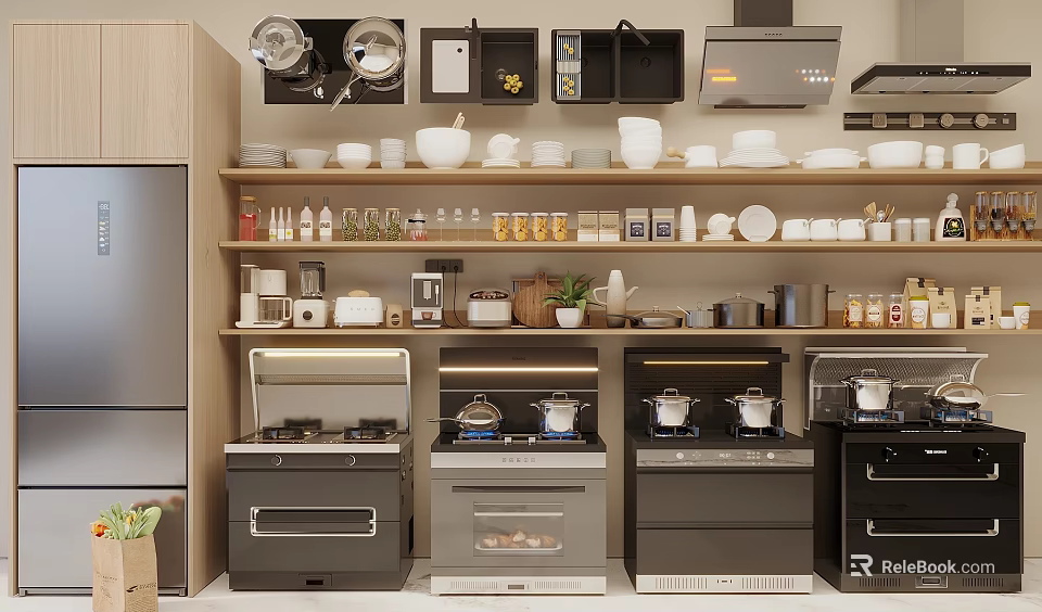Modern Kitchen Interior Design With Essential Appliances Stoves Ovens And Cabinets 3d model 