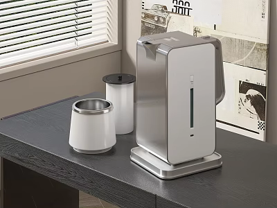 Modern Water Dispenser And Cup On Dark Table Near Window Blinds 3d model