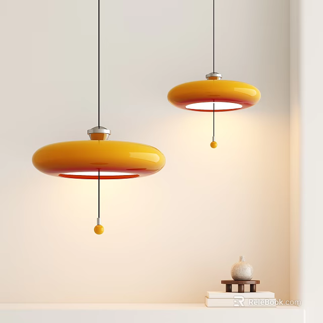 Two Modern Yellow Round Pendant Lights Glowing In Interior Room Design 3d model