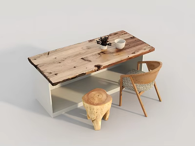 Dining Table Set With Wooden Tabletop White Shelf Base Woven Chair And Tree Stump Stool 3d model