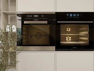 Modern Kitchen Interior Featuring Built in Ovens With White Cabinets Digital Displays And Racks 3d model