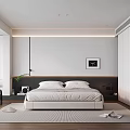 Modern Minimalist Bedroom With Wooden Floor White Wardrobe Black White Painting And Area Rug