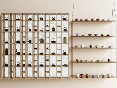 Various Tea Sets with Teapots and Colorful Teacups on Wooden Multi Layer Display Racks 3d model