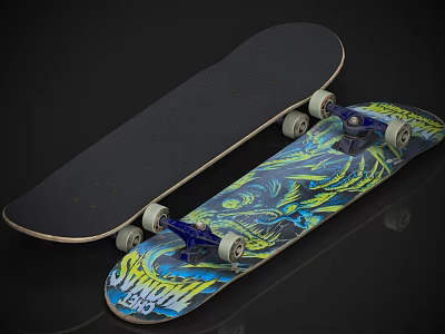 Two Skateboards With Black Deck And Colorful Blue Yellow Graphic Design Wheels And Trucks 3d model