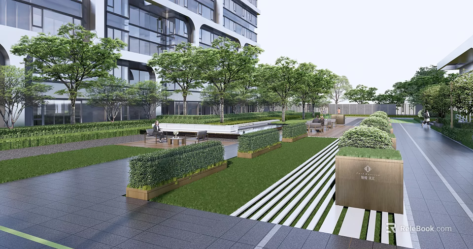 Modern Residential Landscape Design With Greenery Lawn Seating Area And Paved Walkway 3d model 