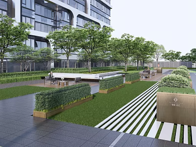 Modern Residential Landscape Design With Greenery Lawn Seating Area And Paved Walkway 3d model