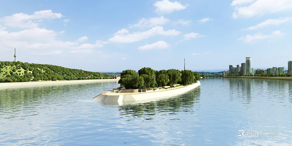 Picturesque River Landscape With Forested Island And Distant Green Hills Under Bright Blue Cloudy Sky 3d model 