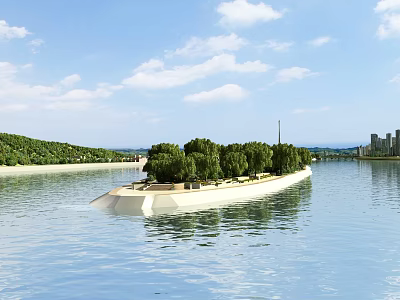 Picturesque River Landscape With Forested Island And Distant Green Hills Under Bright Blue Cloudy Sky 3d model