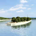 Picturesque River Landscape With Forested Island And Distant Green Hills Under Bright Blue Cloudy Sky
