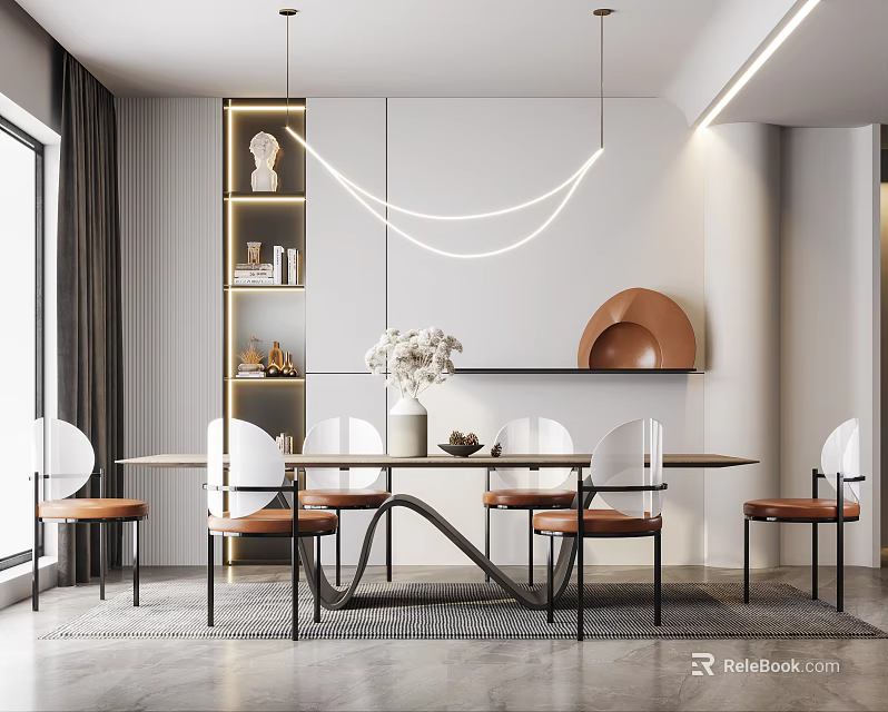 Modern Dining Set With White Table Brown Chairs Hanging Lights And Decorations 3d model