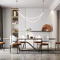 Modern Dining Set With White Table Brown Chairs Hanging Lights And Decorations 3d model