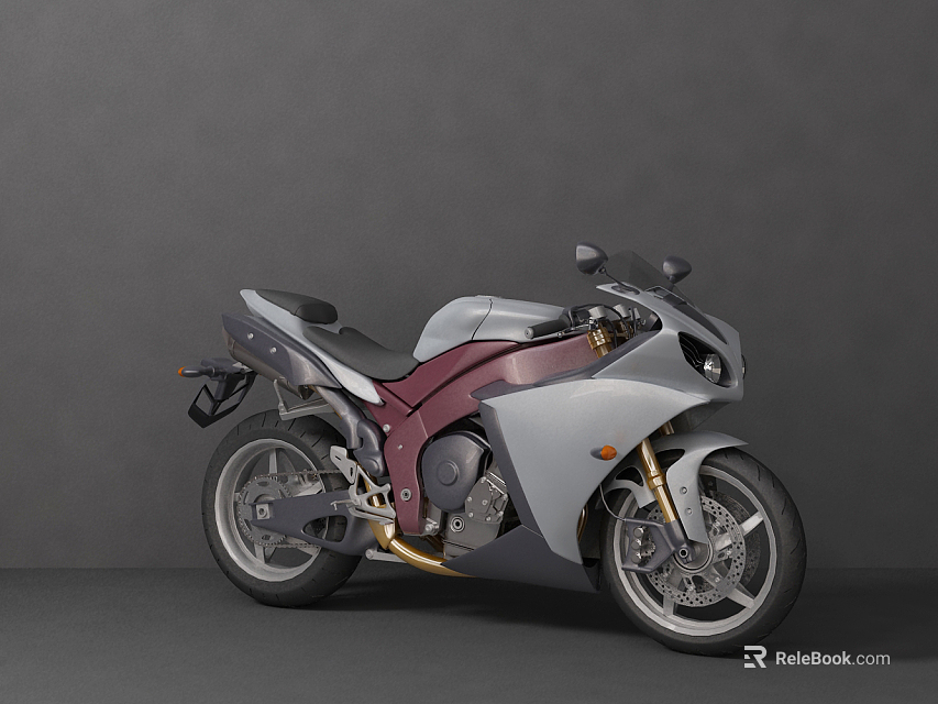 Modern Sport Motorcycle With Gray Maroon Exterior Black Seat Golden Accents And Silver Rims 3d model 