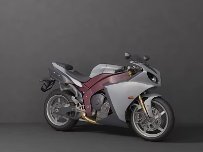 Modern Sport Motorcycle With Gray Maroon Exterior Black Seat Golden Accents And Silver Rims 3d model