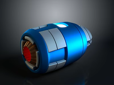 3D Rendered Blue Mechanical Device Featuring Shiny Surface Silver Stripes And Red Blades 3d model
