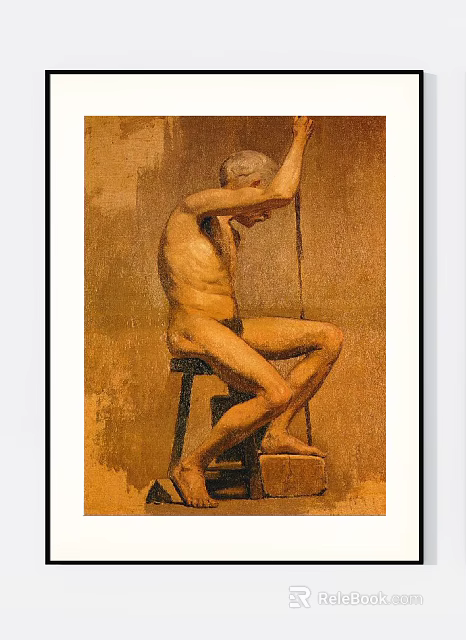 Figure Painting Depicting Nude Male Seated on Stool with Brown Background 3d model 