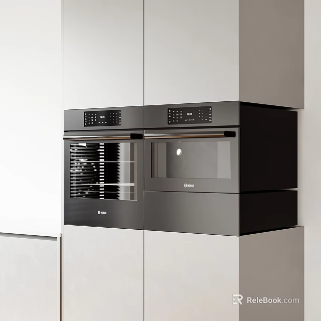 Modern Kitchen Featuring Built-in Black Oven And Microwave Appliances In White Cabinets 3d model 
