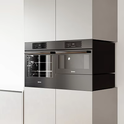 Modern Kitchen Featuring Built-in Black Oven And Microwave Appliances In White Cabinets 3d model