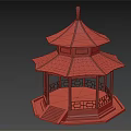 Traditional Chinese Pavilion with Green Roof Red Pillars Red Finial Hexagonal Base Steps and Windows