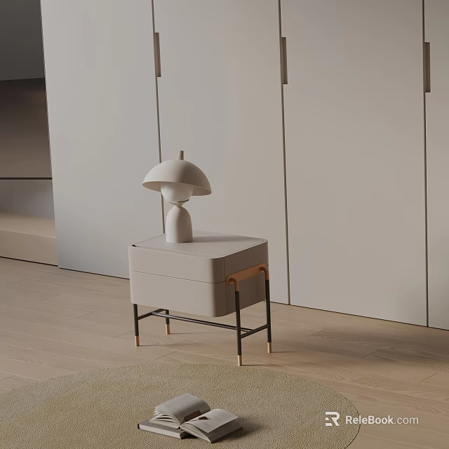 Modern Minimalist Side Table Design With Wooden Top Metal Legs Drawer And Lamp 3d model 