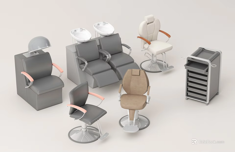 Barbershop Equipment Collection With Styling Chairs Wash Basins And Storage Trolley 3d model 