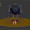 Blue Armored Robot Character With Black Head Standing on Yellow Platform Near Gift Box