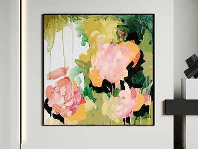 Abstract Floral Oil Painting With Pink Yellow Flowers And Green Background Wall Art 3d model