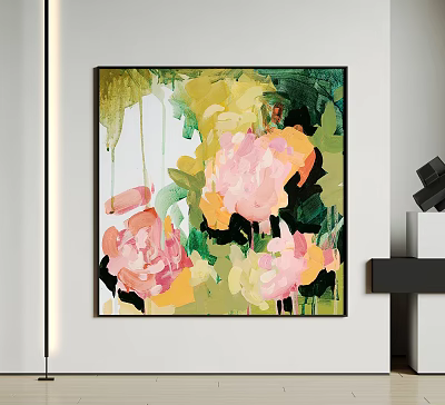 Abstract Floral Oil Painting With Pink Yellow Flowers And Green Background Wall Art 3d model