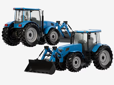 Blue Functional Tractors With Front Loader And Rear Attachments For Agricultural Tasks 3d model