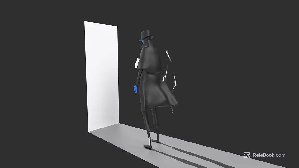 Game Movie Character Wearing Top Hat Long Coat Blue Gloves Facing White Door Dark Background 3d model 