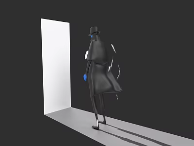 Game Movie Character Wearing Top Hat Long Coat Blue Gloves Facing White Door Dark Background 3d model