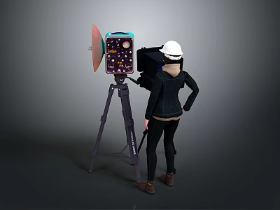 Professional Photographer Setup With White Safety Helmet Black Camera Tripod And Reflector 3d model