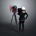 Professional Photographer Setup With White Safety Helmet Black Camera Tripod And Reflector