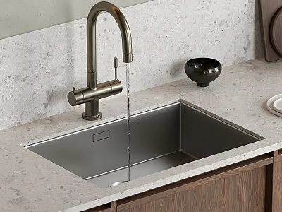 Kitchen Sink with Brushed Brass Faucet Light Gray Countertop Black Bowl and Wooden Cabinets 3d model
