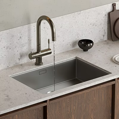 Kitchen Sink with Brushed Brass Faucet Light Gray Countertop Black Bowl and Wooden Cabinets 3d model