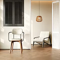 Modern Minimalist Leisure Chair with Wooden Legs in Bright Room with Shutter and Pendant Light
