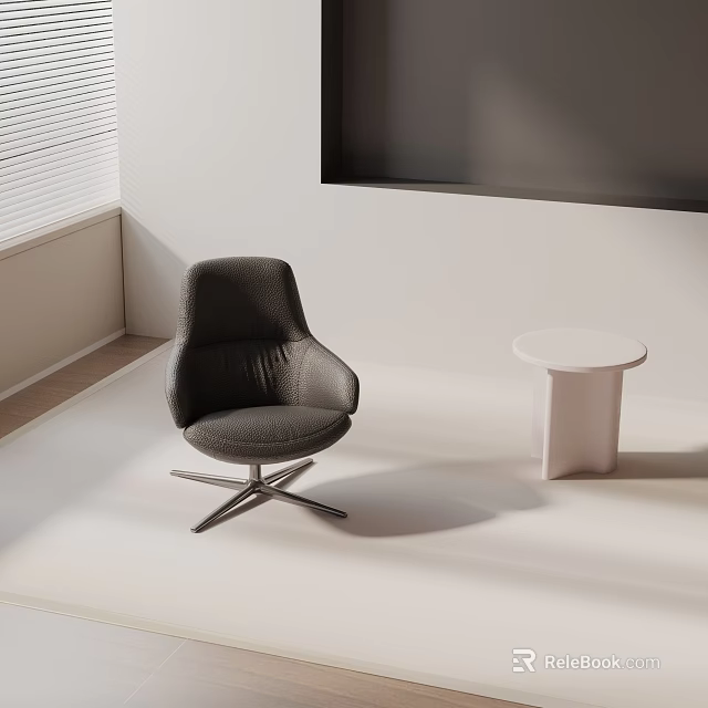 Modern Black Leather Leisure Chair With Metal Base White Round Side Table In Minimalist Interior 3d model 
