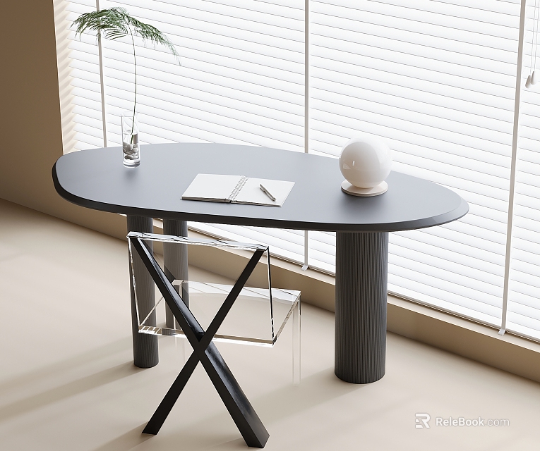 Modern Black Oval Table And Transparent Chair Set With Notebook Pen White Sphere And Vase 3d model 