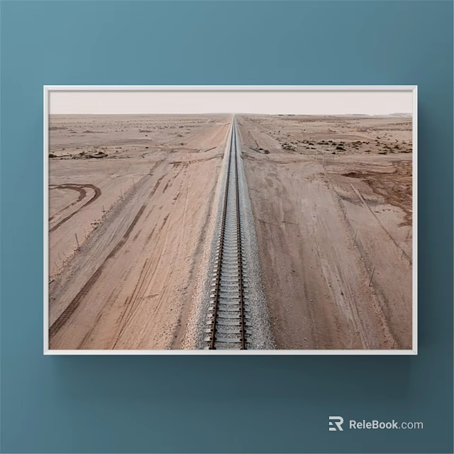 Desert Landscape Painting with Railway Tracks Stretching Across Arid Terrain to Distant Horizon 3d model 