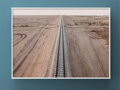 Desert Landscape Painting with Railway Tracks Stretching Across Arid Terrain to Distant Horizon 3d model