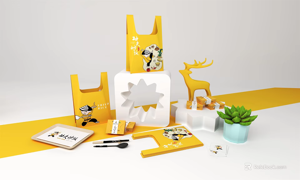 Yellow Decorative Ornament Set With Deer Figurine Star Shaped Ornament Notebook Pen And Succulent Plant 3d model 