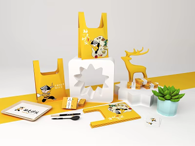Yellow Decorative Ornament Set With Deer Figurine Star Shaped Ornament Notebook Pen And Succulent Plant 3d model