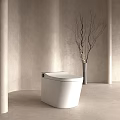 Smart White Ceramic Toilet In Modern Minimalist Bathroom With Decorative Branch Vase